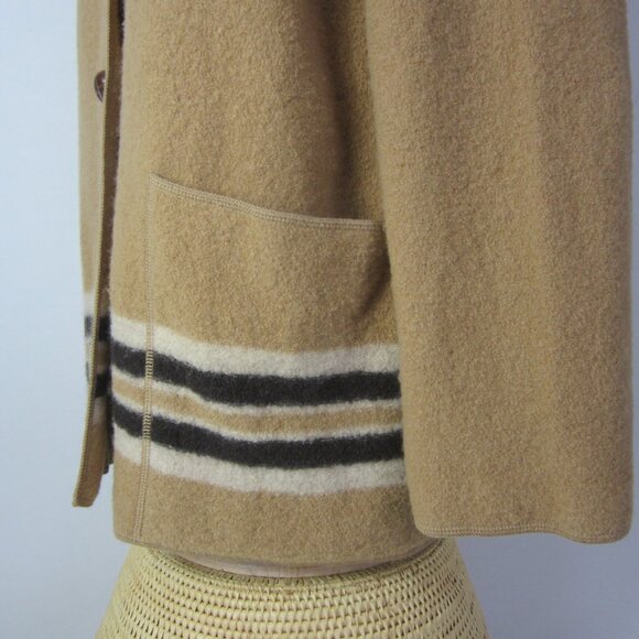 Vtg Lands End Women Plus 16 Beige Brown Ivory Boiled Wool Coat Jacket Pockets - Picture 4 of 12